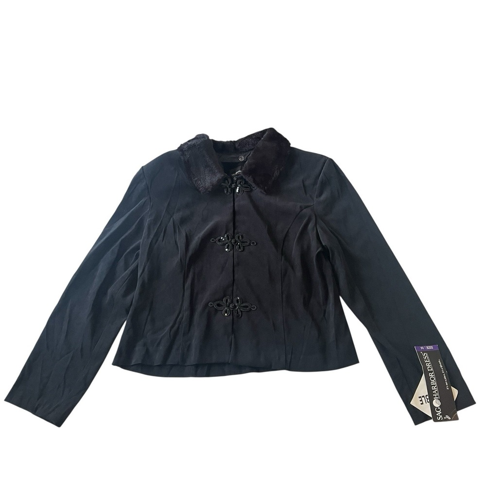 NWT‎ Sag Harbor Dress Women's Size 16 Crop Formal Jacket Blazer Black Fur Sequin